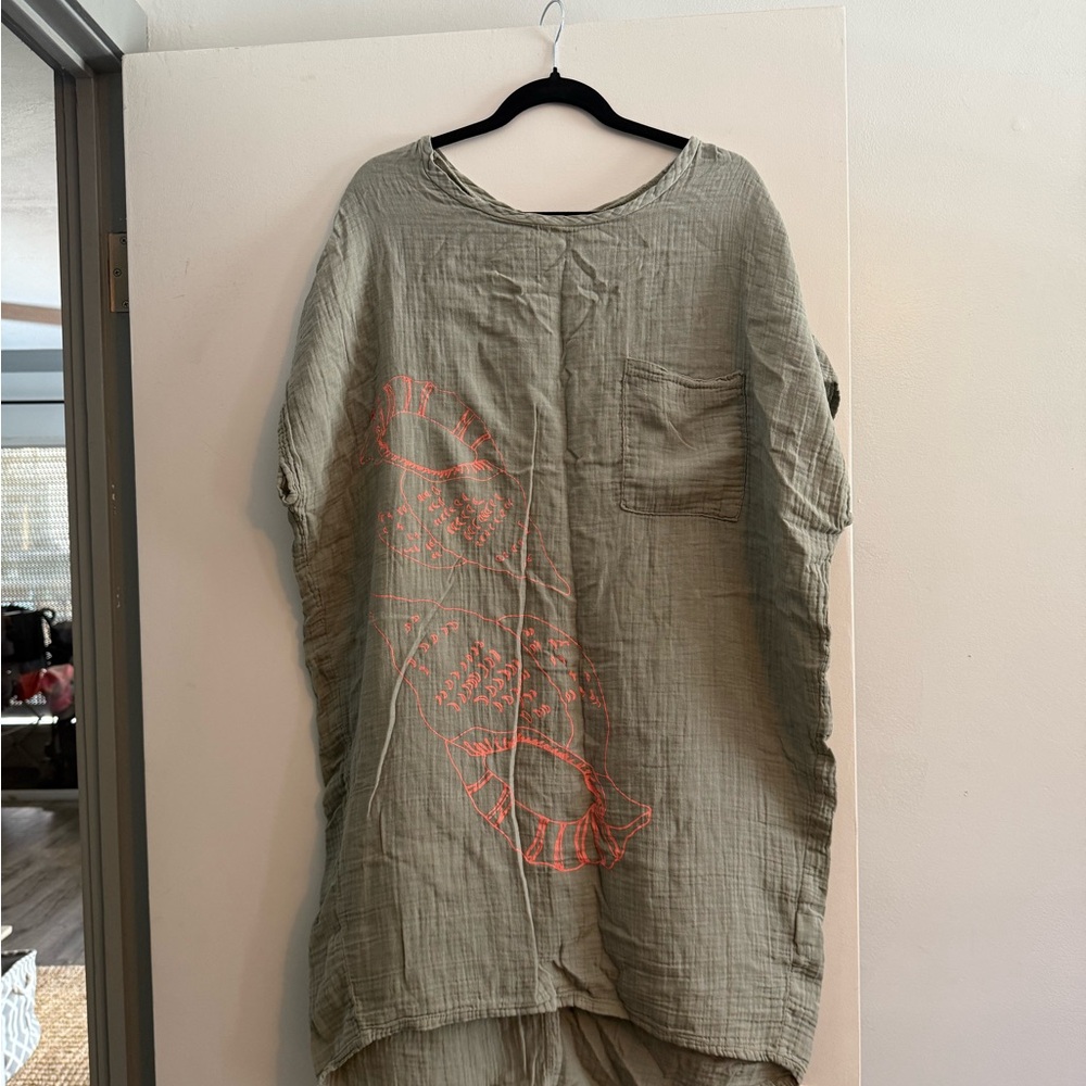 Olive Green Midi Dress with Coral Accents